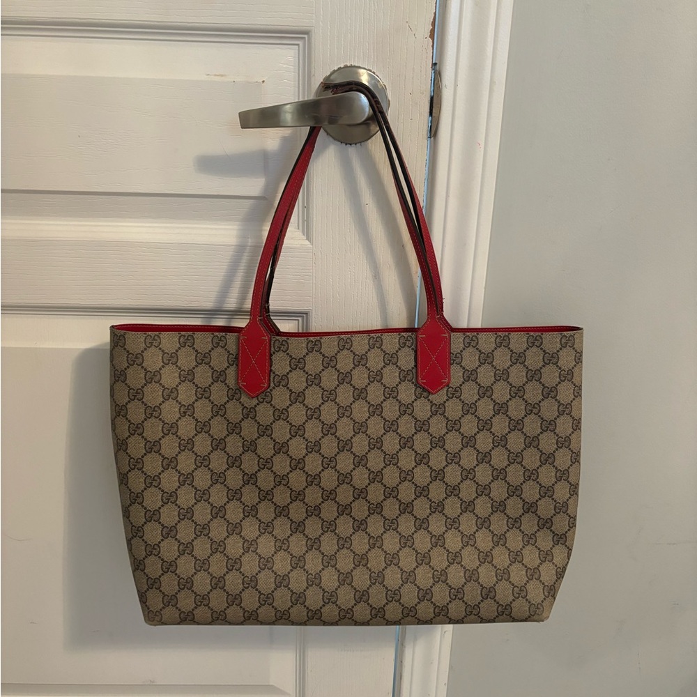 Gucci Brown and Red Tote Bag with Monogram Canvas